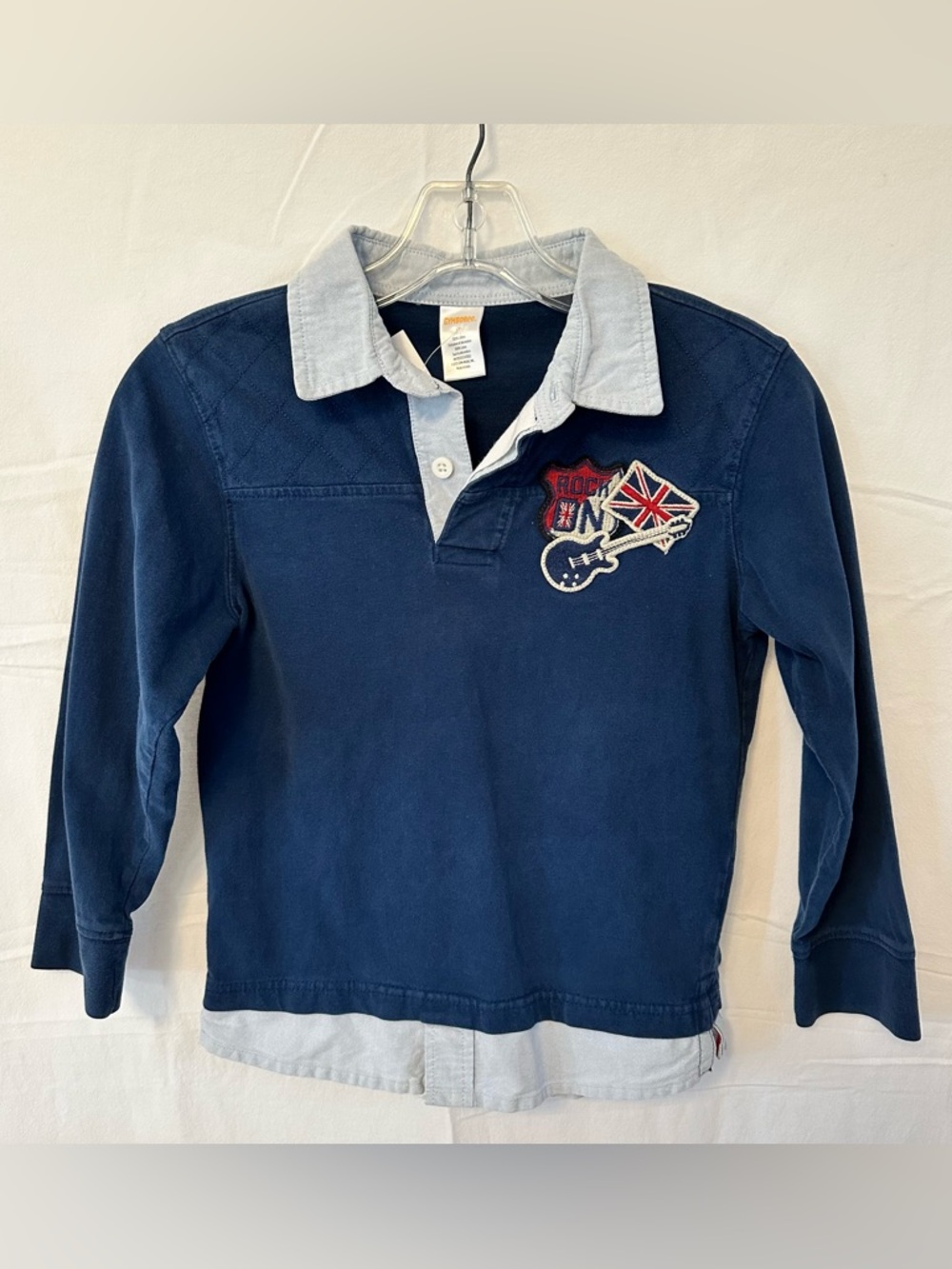 POLO TOP Gymboree Navy Long-Sleeve with Chambray Contrast Collar and Bottom